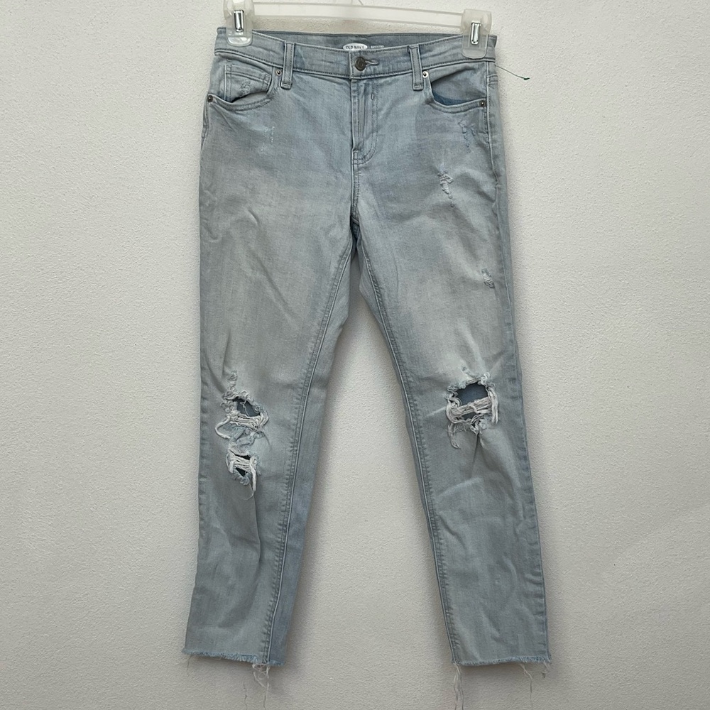Old Navy Light Wash Distressed Boyfriend Fit Jeans Size 0 Raw Hem Denim